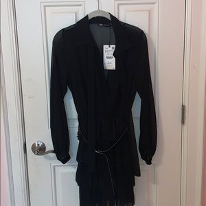 Zara long sleeve belted black dress